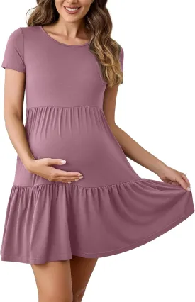 2025 Spring Summer Short Sleeve T-Shirt Dress  Ruffle Tiered Swing Sundress with Pockets for Beach & Daily Wear