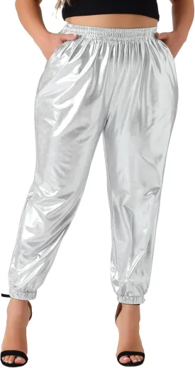 Agnes Orinda Plus Size Jogger Pants for Women Metallic Shiny High Waist Stretchy Wear Holographic Trousers Sweatpant