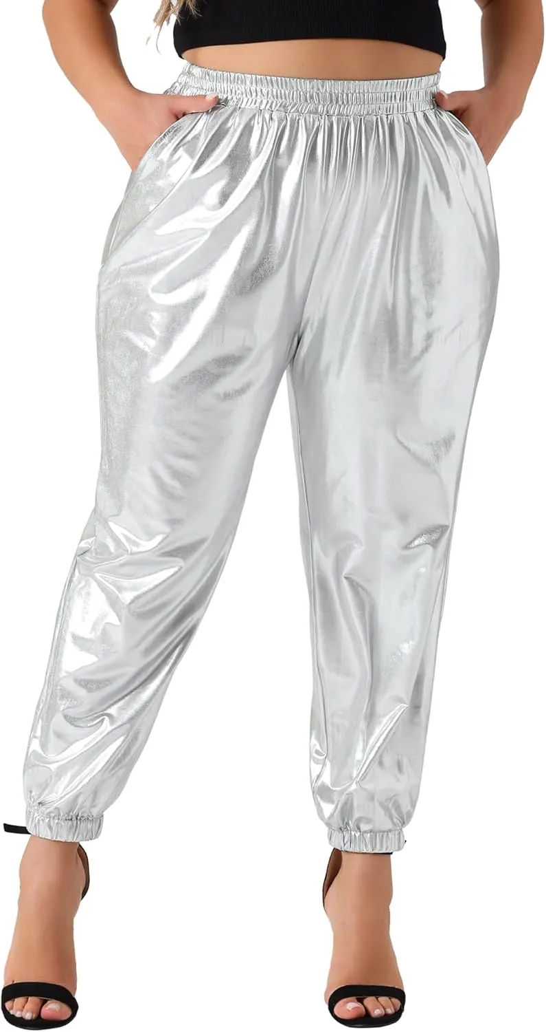 Agnes Orinda Plus Size Jogger Pants for Women Metallic Shiny High Waist Stretchy Wear Holographic Trousers Sweatpant