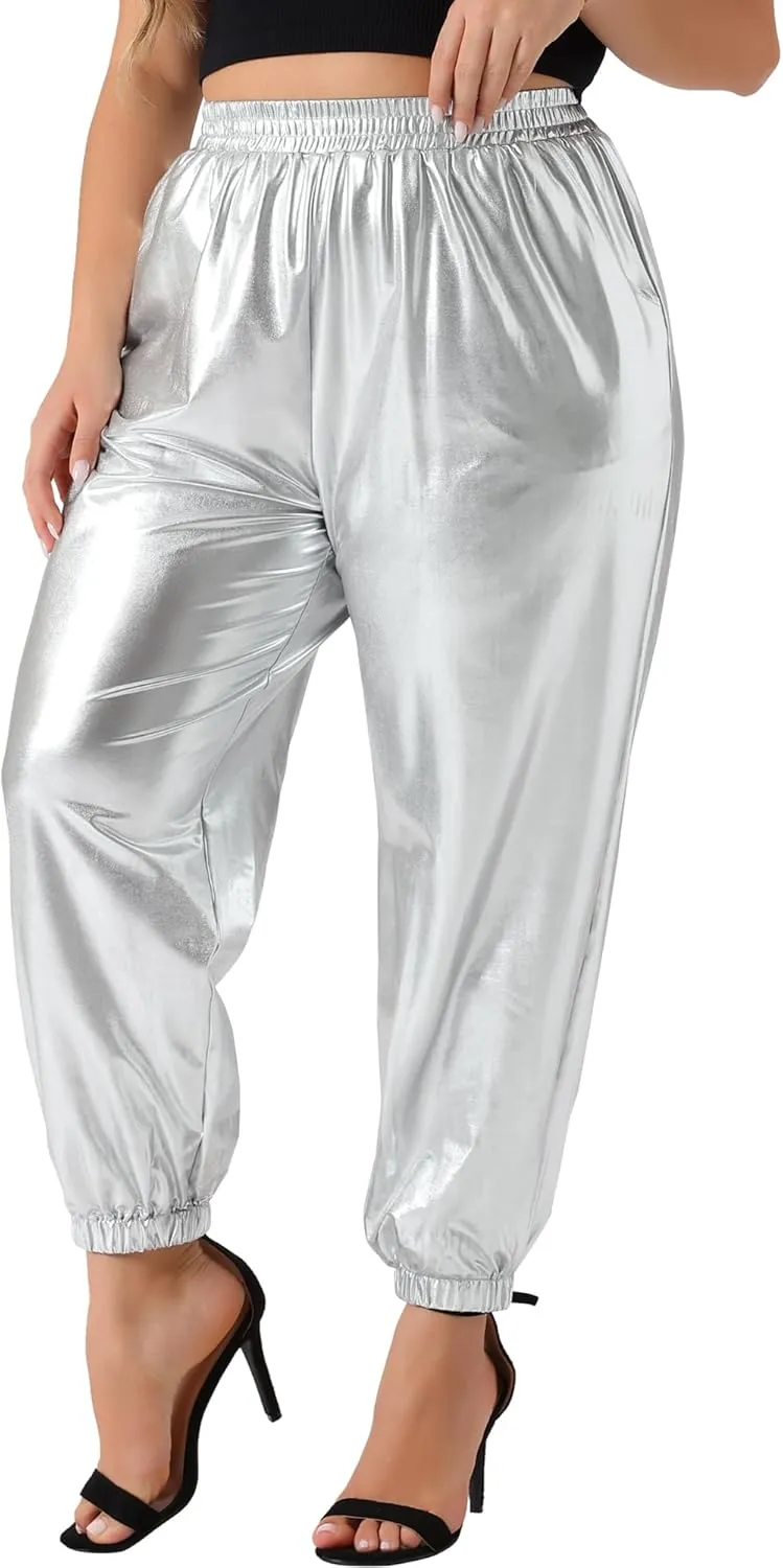 Agnes Orinda Plus Size Jogger Pants for Women Metallic Shiny High Waist Stretchy Wear Holographic Trousers Sweatpant