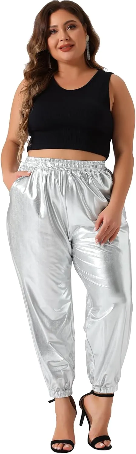 Agnes Orinda Plus Size Jogger Pants for Women Metallic Shiny High Waist Stretchy Wear Holographic Trousers Sweatpant