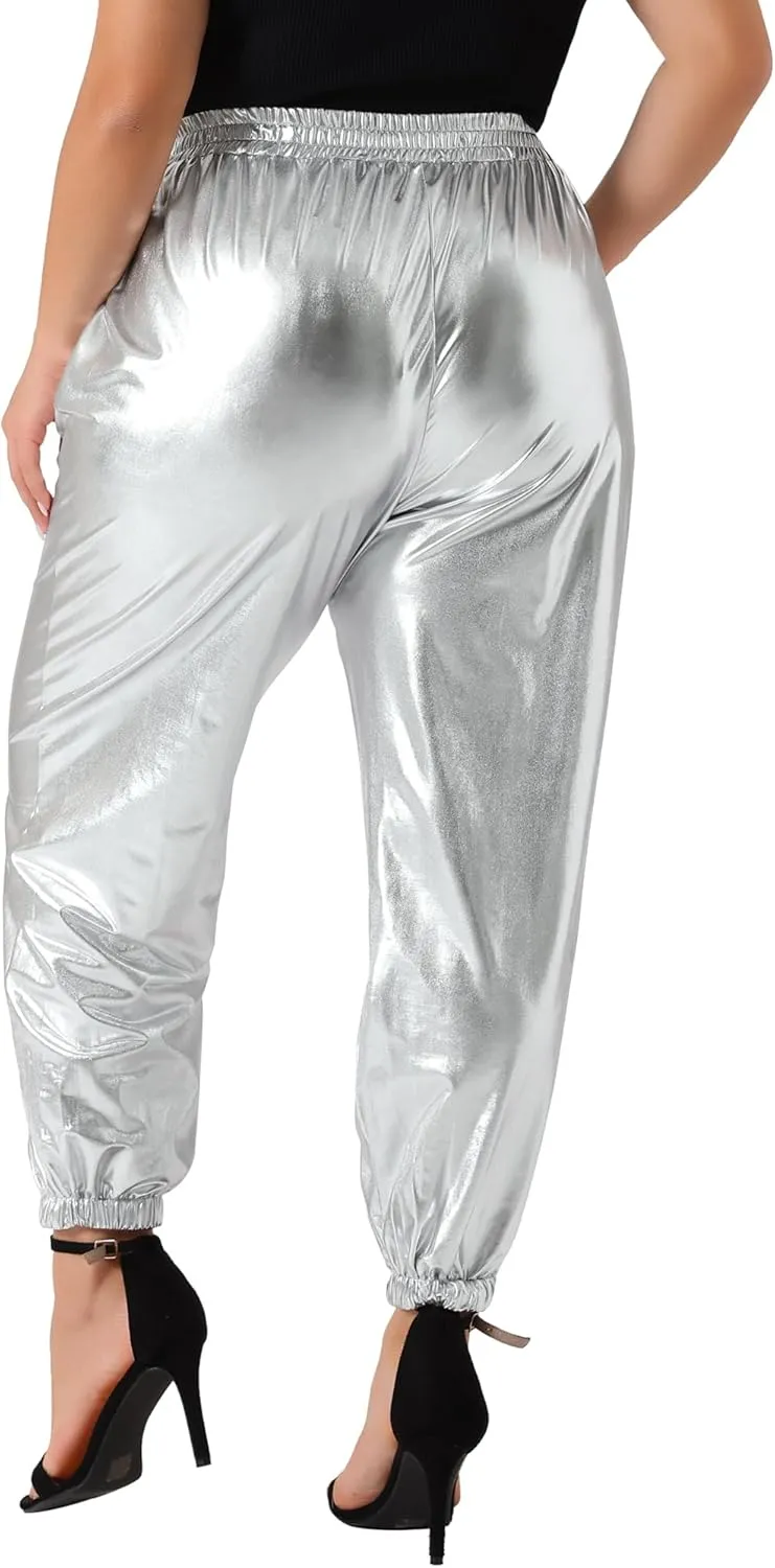 Agnes Orinda Plus Size Jogger Pants for Women Metallic Shiny High Waist Stretchy Wear Holographic Trousers Sweatpant