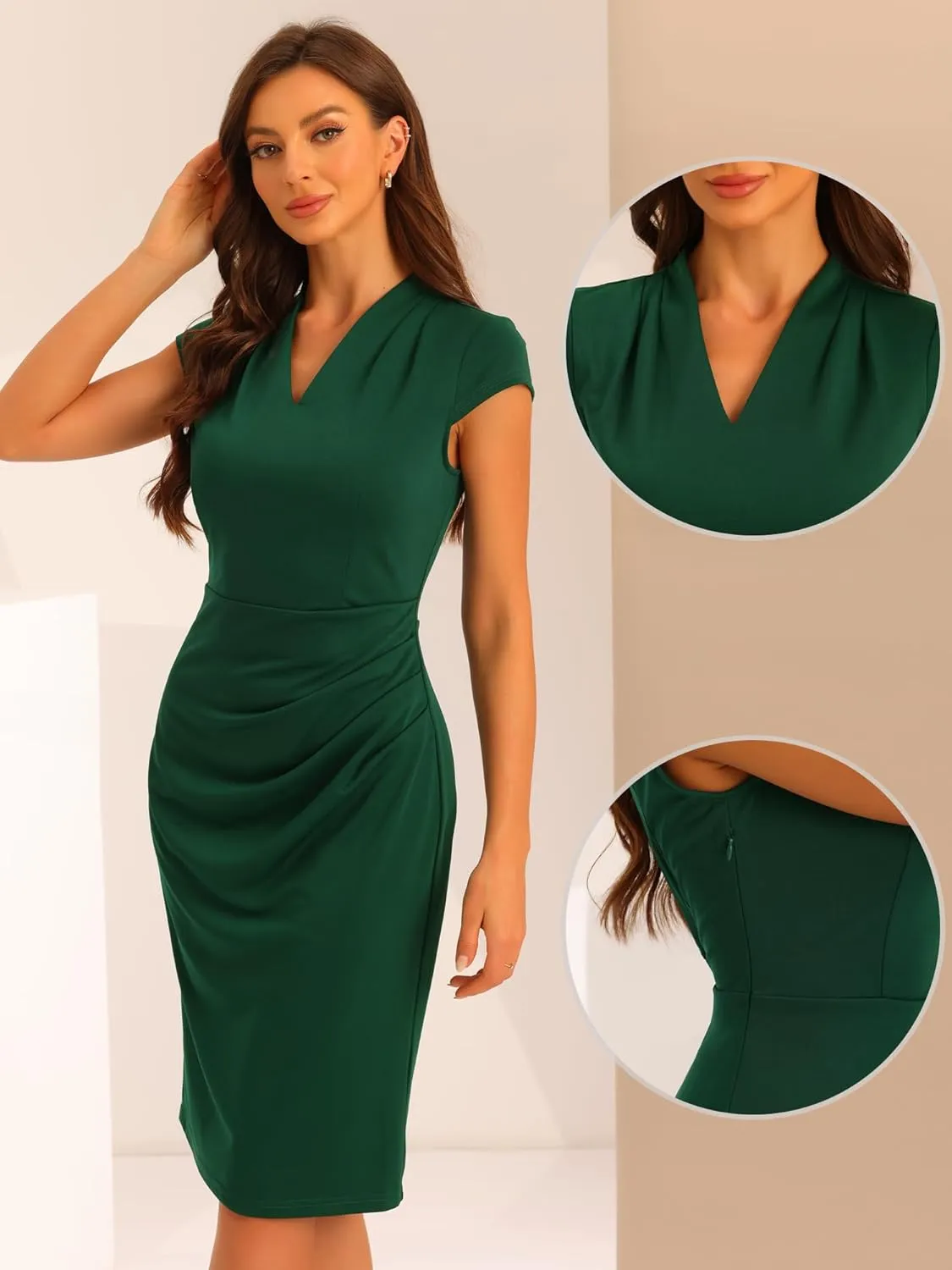 Allegra K Office Sheath Dresses for Women's Cap Sleeve Ruched Side Pencil Dress