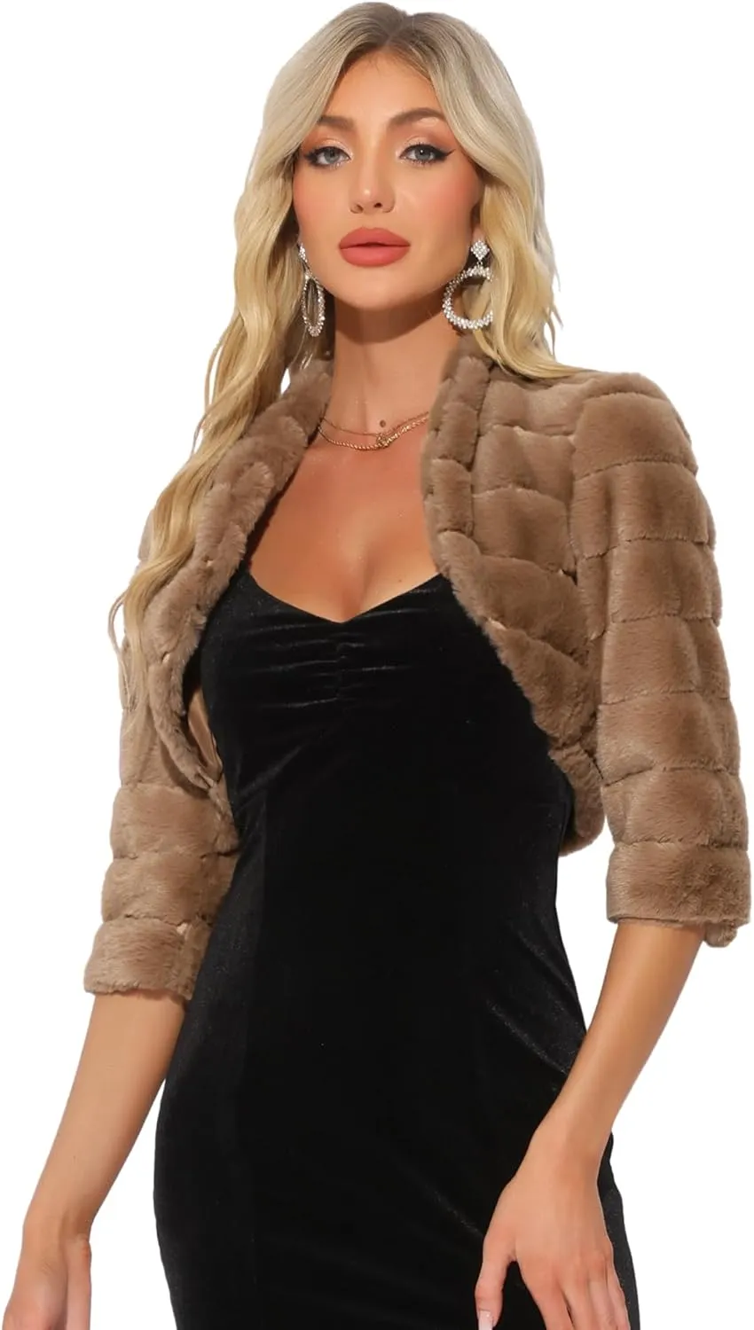 Allegra K Women's Bolero Jacket for Evening Dresses Open Front Cropped Fluffy Faux Fur Shrug