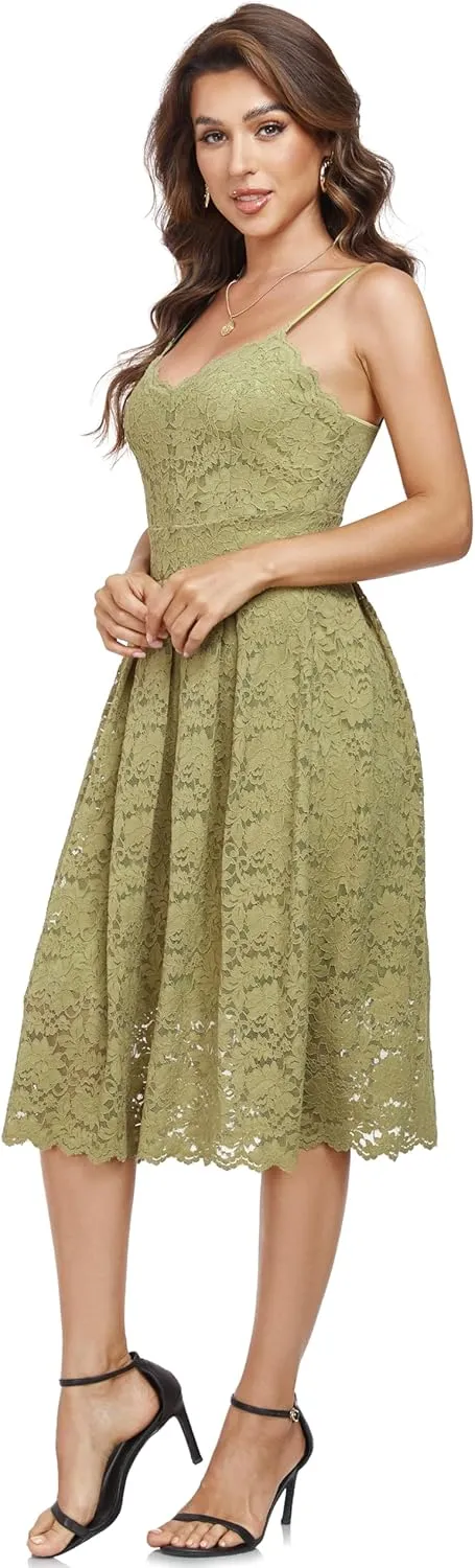 Atnlewhi Womens Spaghetti Strap V Neck Sleeveless A Line Lace Dresses for Evening Cocktail Formal Wedding Guest