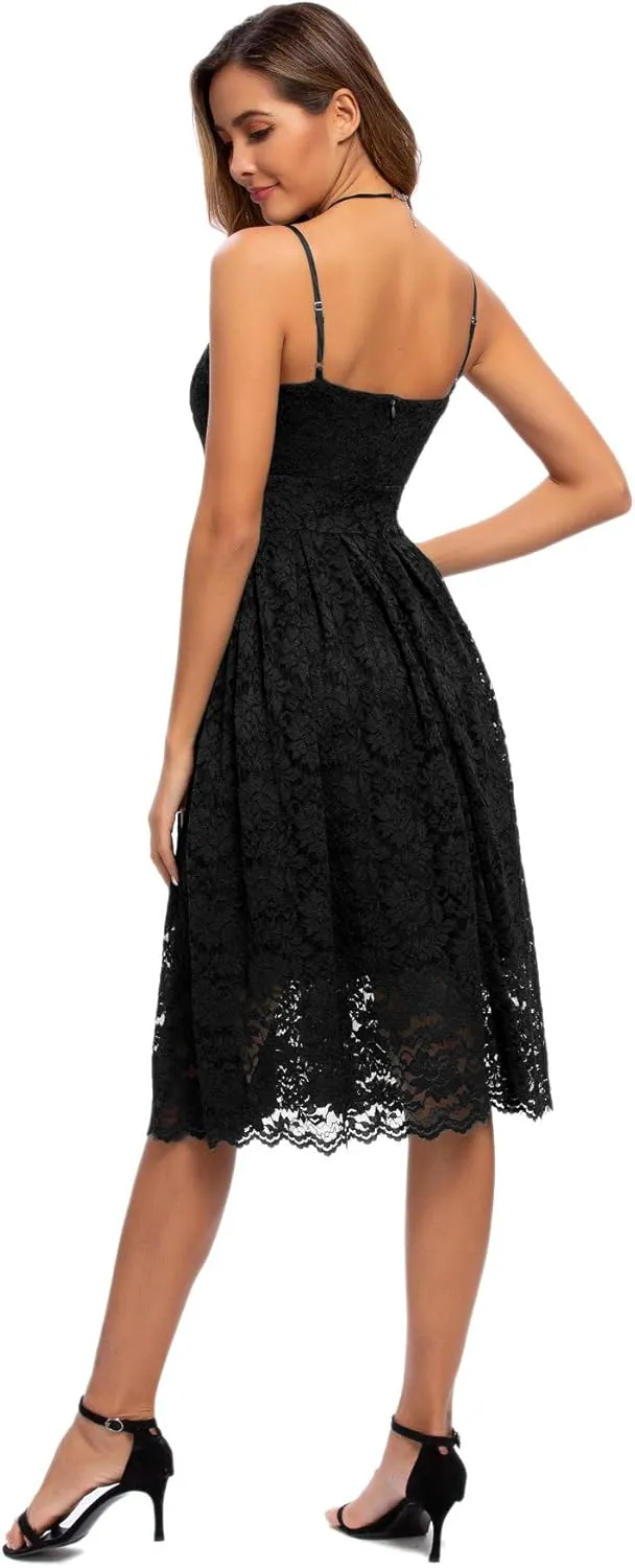 Atnlewhi Womens Spaghetti Strap V Neck Sleeveless A Line Lace Dresses for Evening Cocktail Formal Wedding Guest