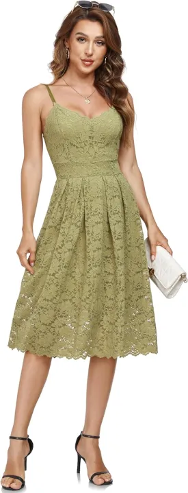 Atnlewhi Womens Spaghetti Strap V Neck Sleeveless A Line Lace Dresses for Evening Cocktail Formal Wedding Guest