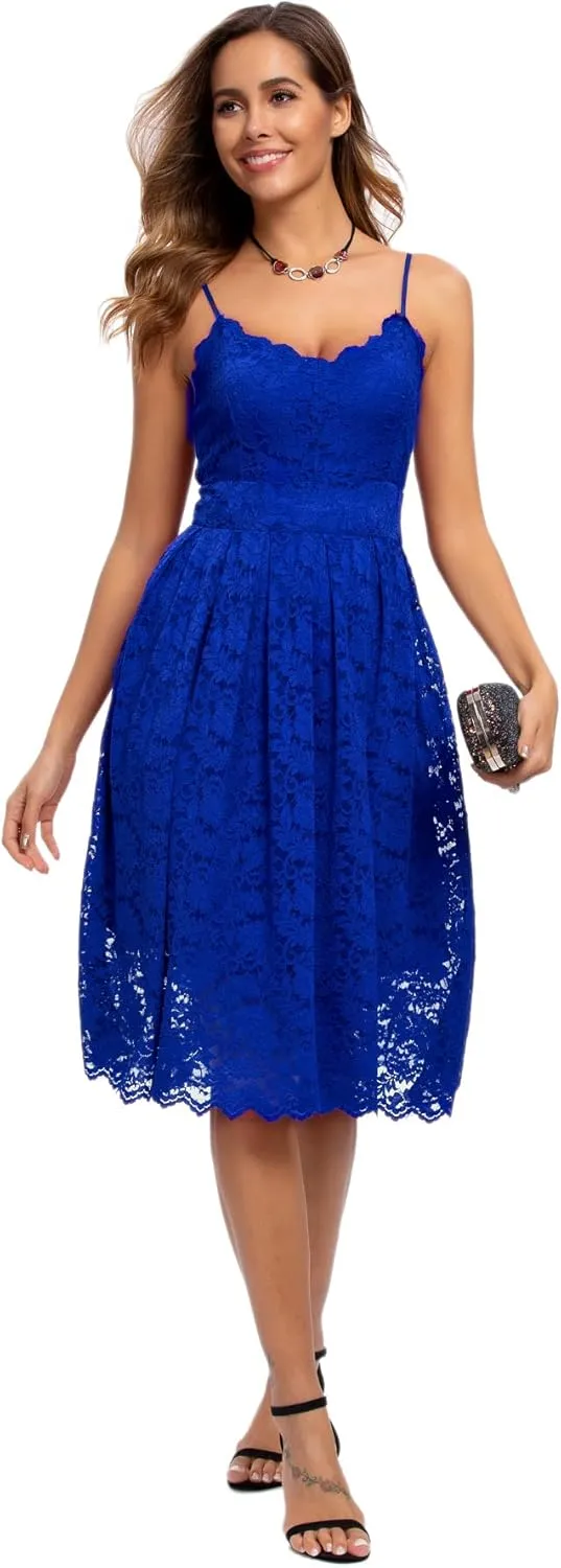 Atnlewhi Womens Spaghetti Strap V Neck Sleeveless A Line Lace Dresses for Evening Cocktail Formal Wedding Guest