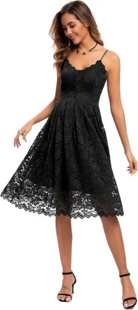 Atnlewhi Womens Spaghetti Strap V Neck Sleeveless A Line Lace Dresses for Evening Cocktail Formal Wedding Guest