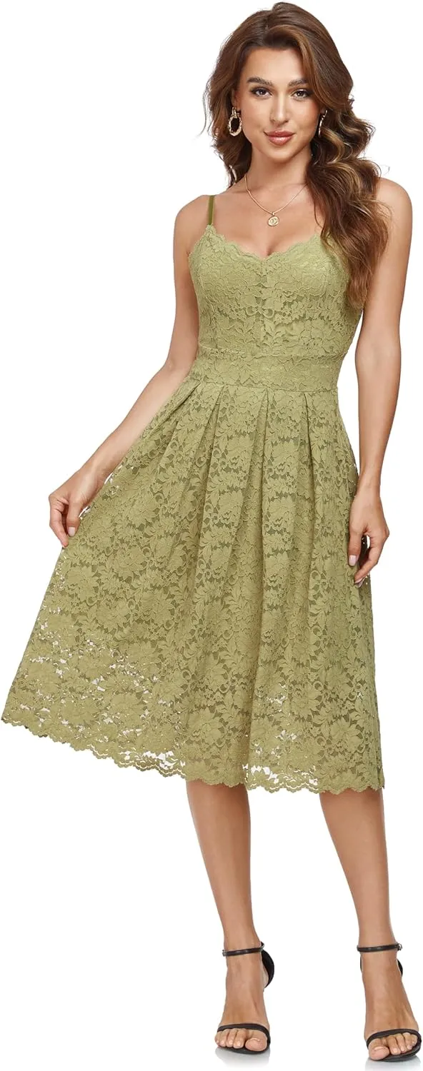 Atnlewhi Womens Spaghetti Strap V Neck Sleeveless A Line Lace Dresses for Evening Cocktail Formal Wedding Guest