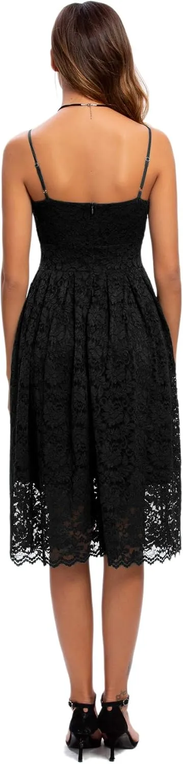 Atnlewhi Womens Spaghetti Strap V Neck Sleeveless A Line Lace Dresses for Evening Cocktail Formal Wedding Guest