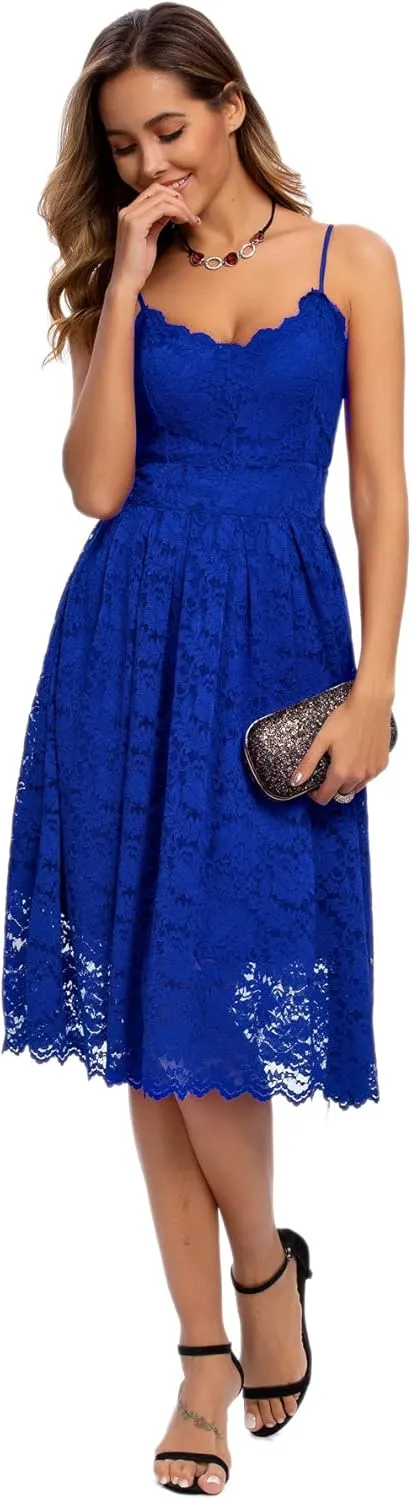 Atnlewhi Womens Spaghetti Strap V Neck Sleeveless A Line Lace Dresses for Evening Cocktail Formal Wedding Guest