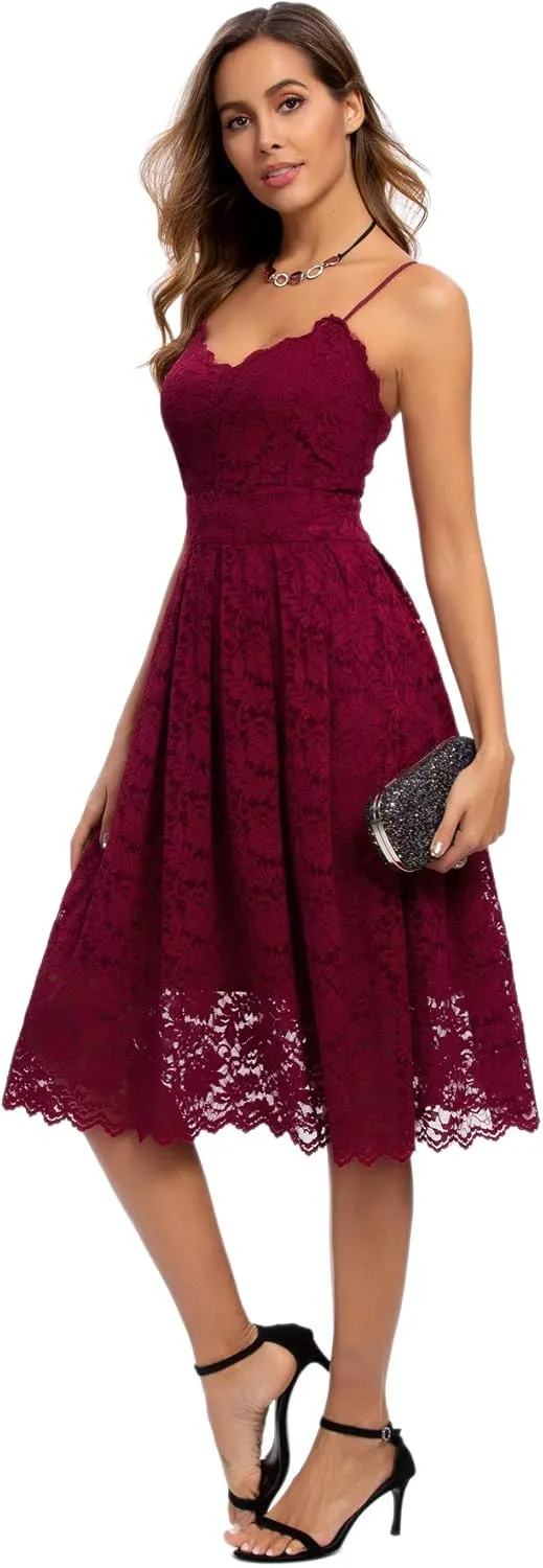 Atnlewhi Womens Spaghetti Strap V Neck Sleeveless A Line Lace Dresses for Evening Cocktail Formal Wedding Guest