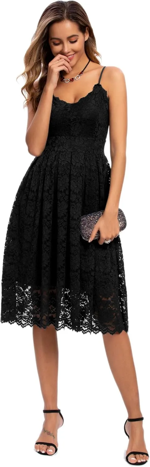 Atnlewhi Womens Spaghetti Strap V Neck Sleeveless A Line Lace Dresses for Evening Cocktail Formal Wedding Guest