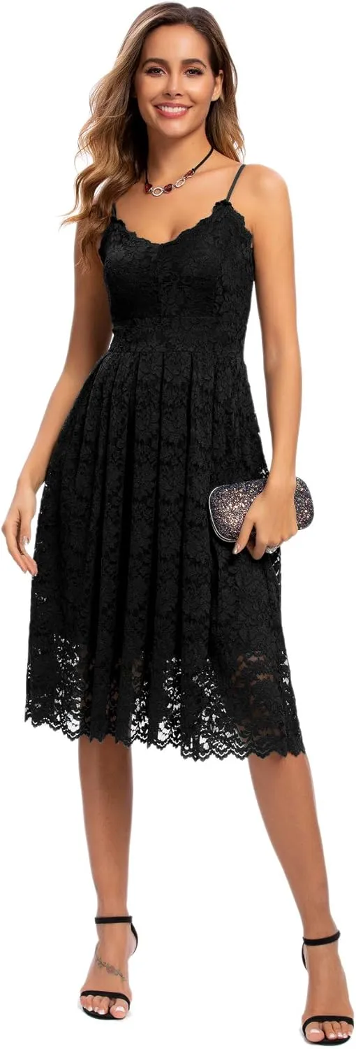 Atnlewhi Womens Spaghetti Strap V Neck Sleeveless A Line Lace Dresses for Evening Cocktail Formal Wedding Guest