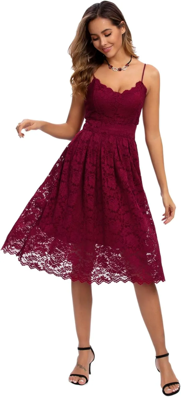 Atnlewhi Womens Spaghetti Strap V Neck Sleeveless A Line Lace Dresses for Evening Cocktail Formal Wedding Guest
