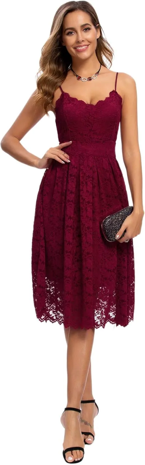 Atnlewhi Womens Spaghetti Strap V Neck Sleeveless A Line Lace Dresses for Evening Cocktail Formal Wedding Guest