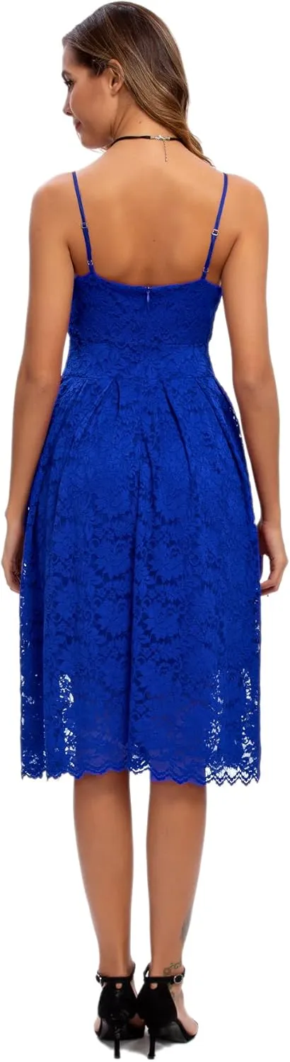 Atnlewhi Womens Spaghetti Strap V Neck Sleeveless A Line Lace Dresses for Evening Cocktail Formal Wedding Guest