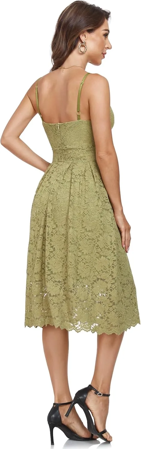 Atnlewhi Womens Spaghetti Strap V Neck Sleeveless A Line Lace Dresses for Evening Cocktail Formal Wedding Guest
