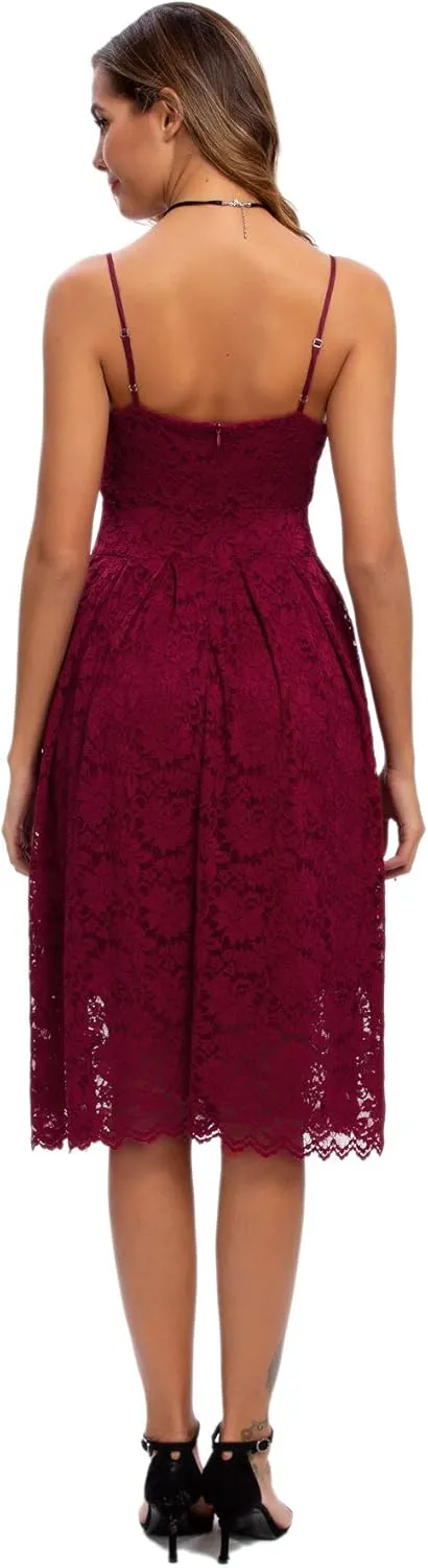 Atnlewhi Womens Spaghetti Strap V Neck Sleeveless A Line Lace Dresses for Evening Cocktail Formal Wedding Guest