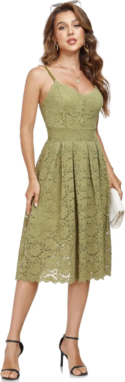 Atnlewhi Womens Spaghetti Strap V Neck Sleeveless A Line Lace Dresses for Evening Cocktail Formal Wedding Guest