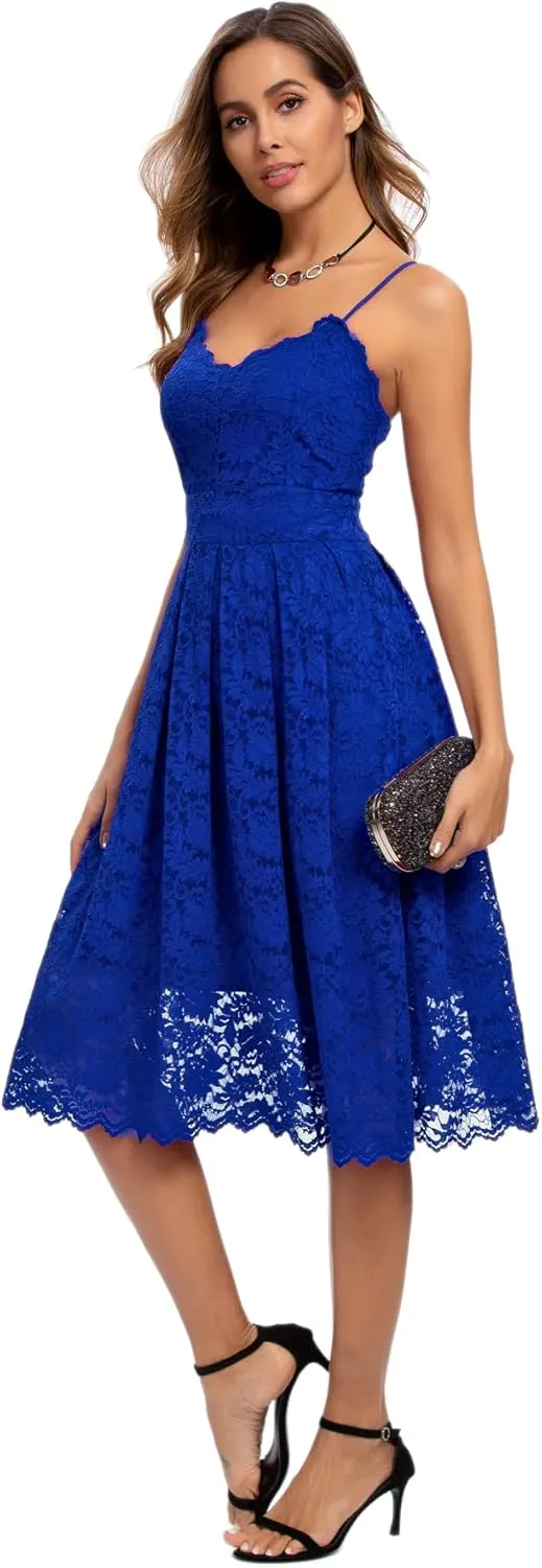 Atnlewhi Womens Spaghetti Strap V Neck Sleeveless A Line Lace Dresses for Evening Cocktail Formal Wedding Guest