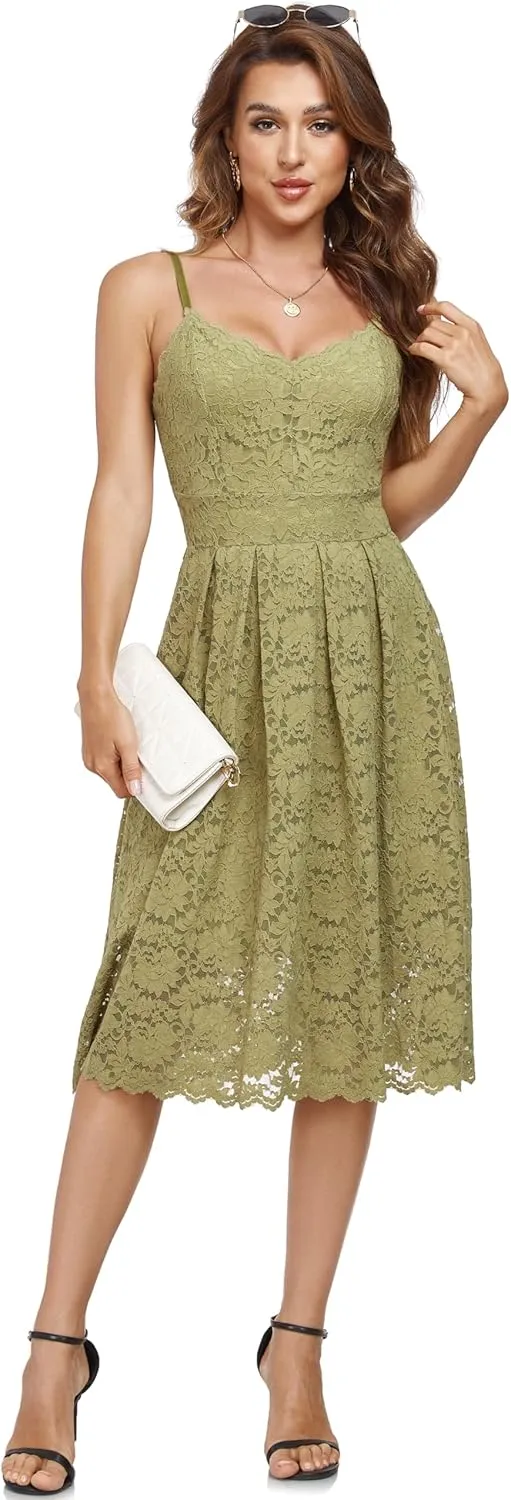 Atnlewhi Womens Spaghetti Strap V Neck Sleeveless A Line Lace Dresses for Evening Cocktail Formal Wedding Guest