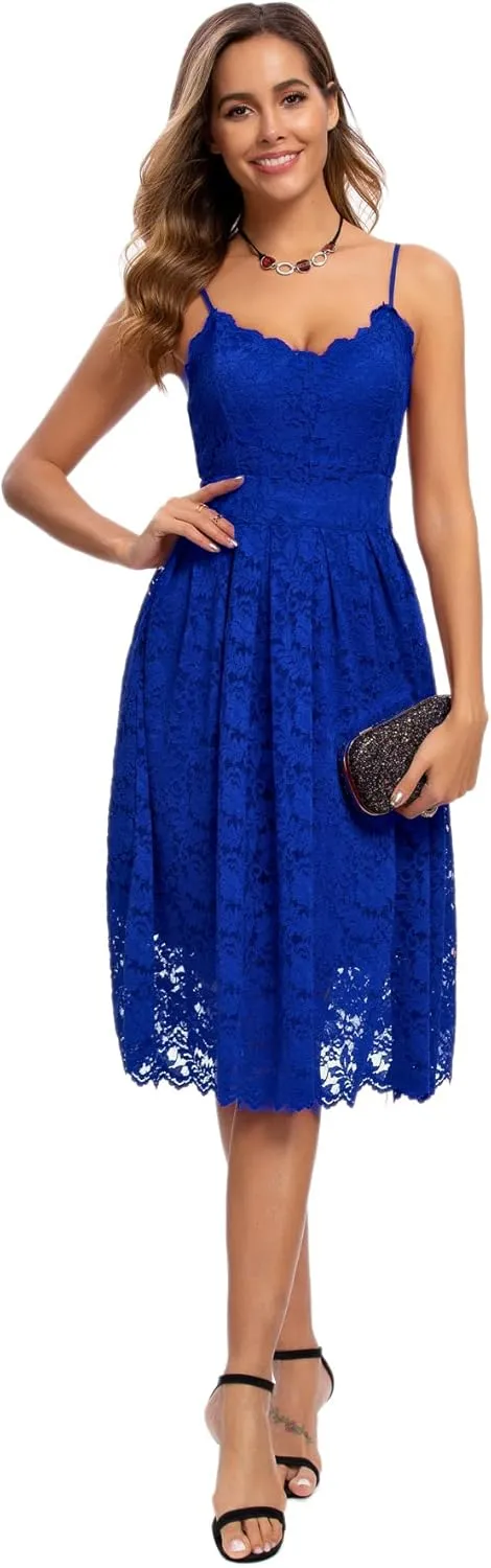 Atnlewhi Womens Spaghetti Strap V Neck Sleeveless A Line Lace Dresses for Evening Cocktail Formal Wedding Guest