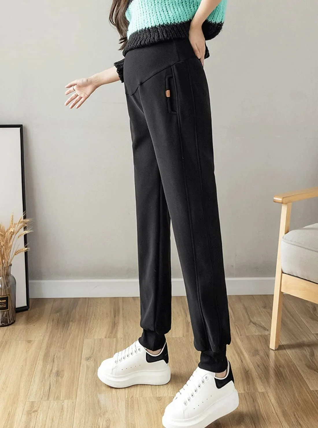 Autumn Winter Over Bump Maternity Pants Pockets Fleece Lining Sweatpants for Pregnant Women