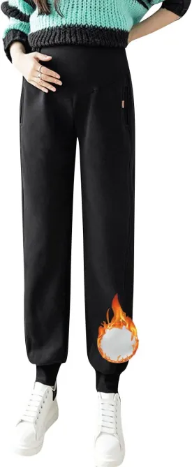 Autumn Winter Over Bump Maternity Pants Pockets Fleece Lining Sweatpants for Pregnant Women