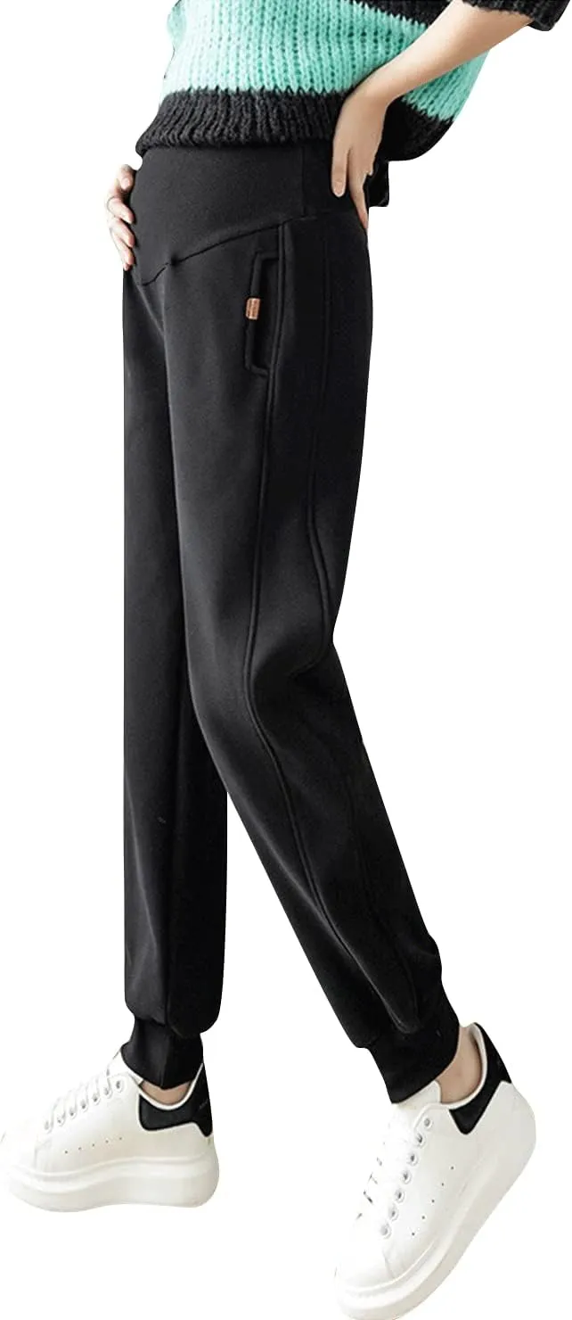 Autumn Winter Over Bump Maternity Pants Pockets Fleece Lining Sweatpants for Pregnant Women