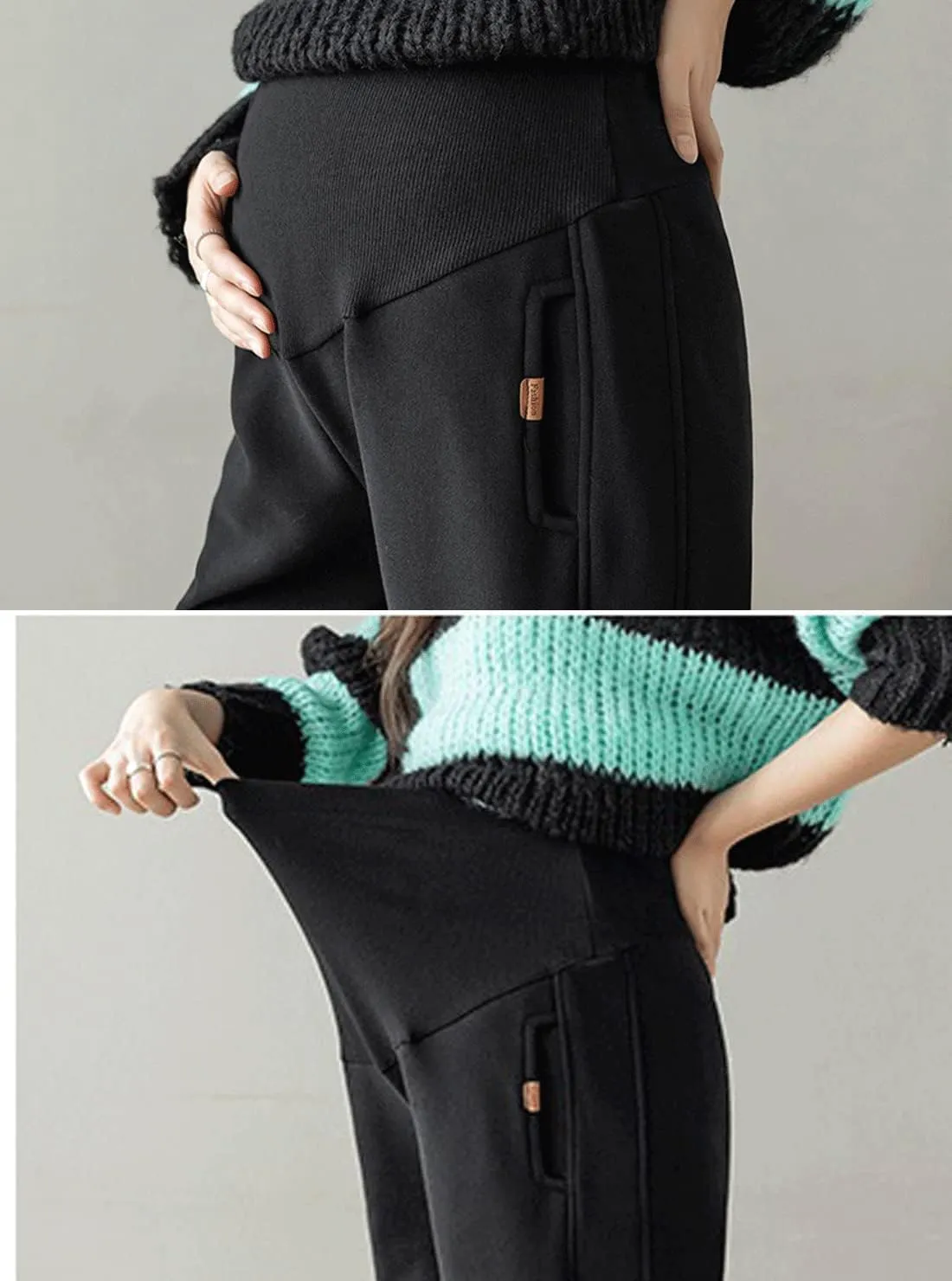 Autumn Winter Over Bump Maternity Pants Pockets Fleece Lining Sweatpants for Pregnant Women