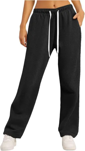 Baggy Wide Leg Sweatpants for Women Fleece Joggers with Pockets Comfy High Waist Lounge Pants Drawstring Sweat Pants