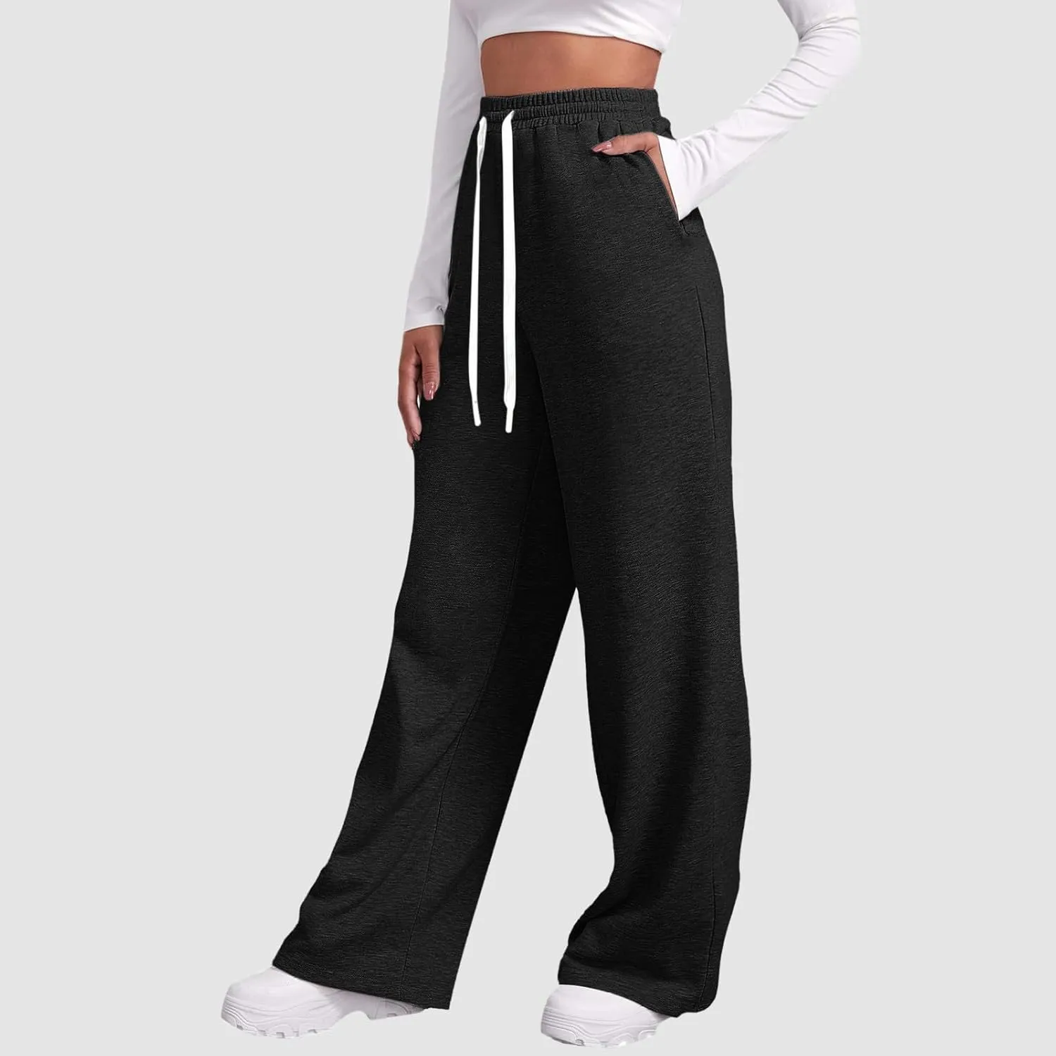 Baggy Wide Leg Sweatpants for Women Fleece Joggers with Pockets Comfy High Waist Lounge Pants Drawstring Sweat Pants