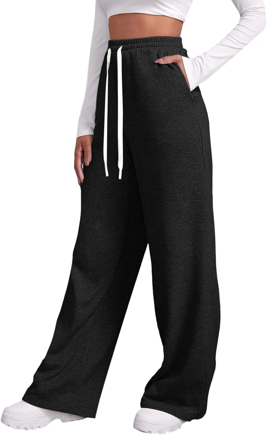 Baggy Wide Leg Sweatpants for Women Fleece Joggers with Pockets Comfy High Waist Lounge Pants Drawstring Sweat Pants