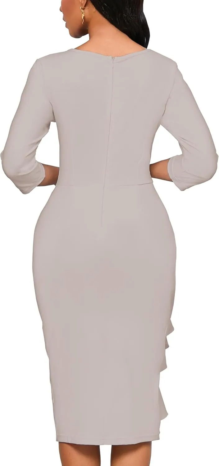 Church Dresses for Women 3/4 Sleeve Bodycon Ruffle Vintage Wear to Work Pencil Midi Dress