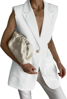 Cicy Bell Women's Work Casual Sleeveless Blazer Vest Fashion Open Front Lapel Elastic Waist Blazer Jackets with Pockets