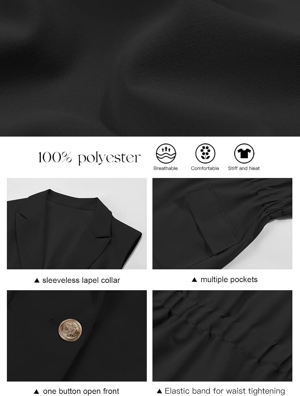 Cicy Bell Women's Work Casual Sleeveless Blazer Vest Fashion Open Front Lapel Elastic Waist Blazer Jackets with Pockets