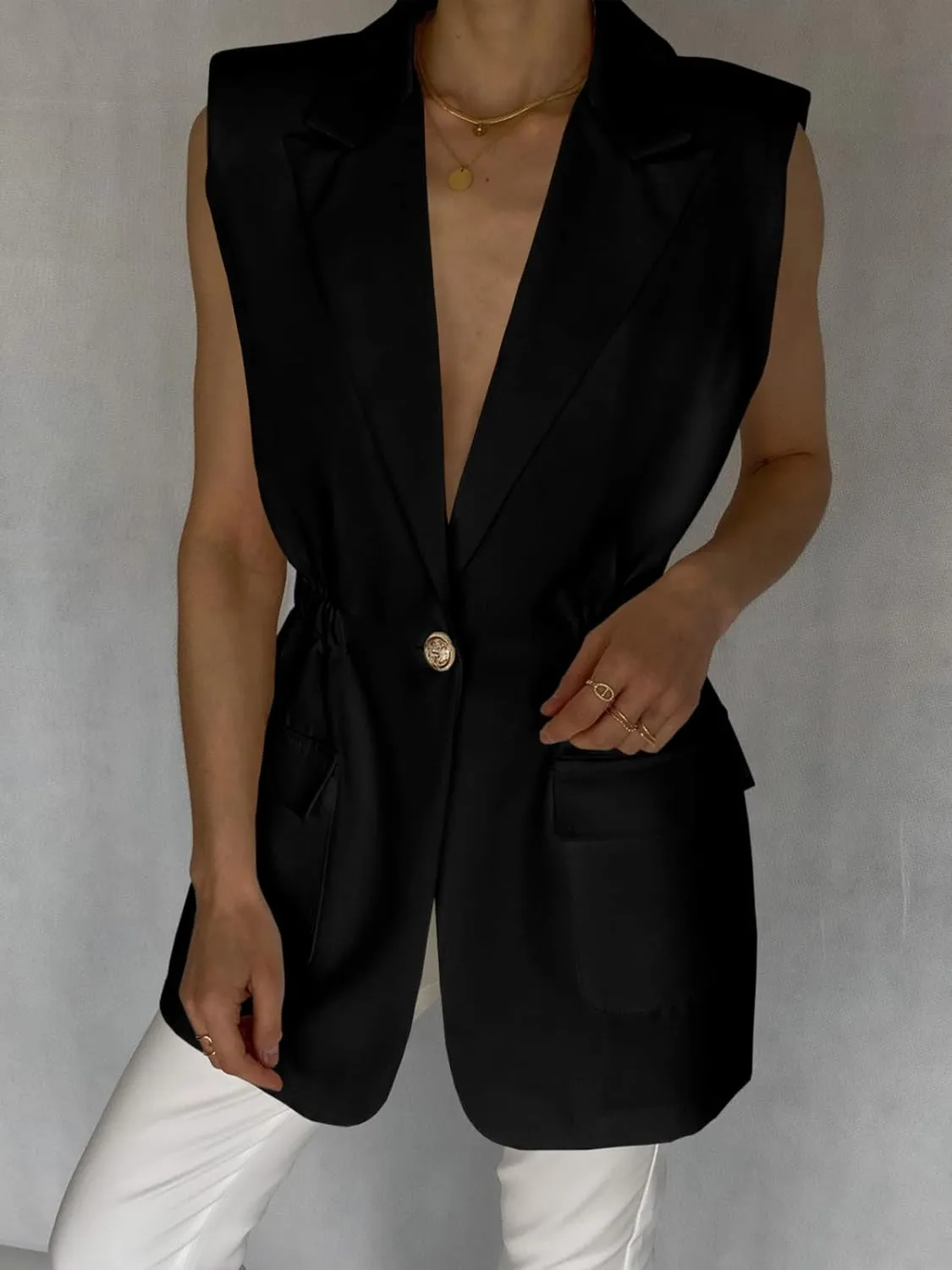 Cicy Bell Women's Work Casual Sleeveless Blazer Vest Fashion Open Front Lapel Elastic Waist Blazer Jackets with Pockets