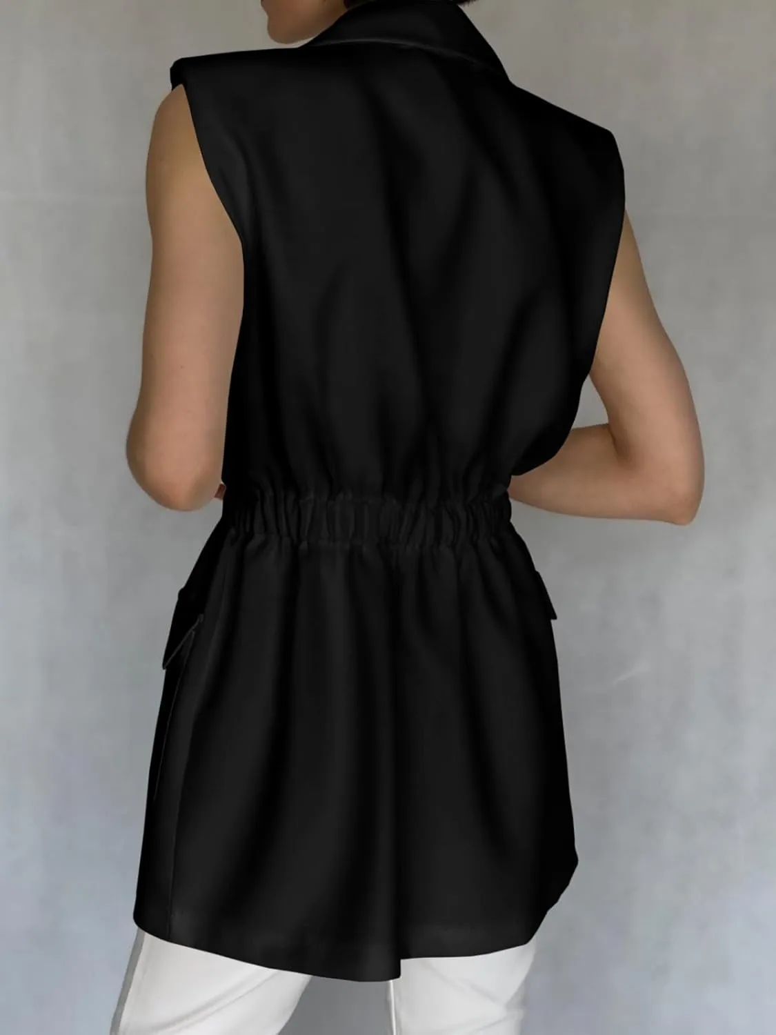 Cicy Bell Women's Work Casual Sleeveless Blazer Vest Fashion Open Front Lapel Elastic Waist Blazer Jackets with Pockets