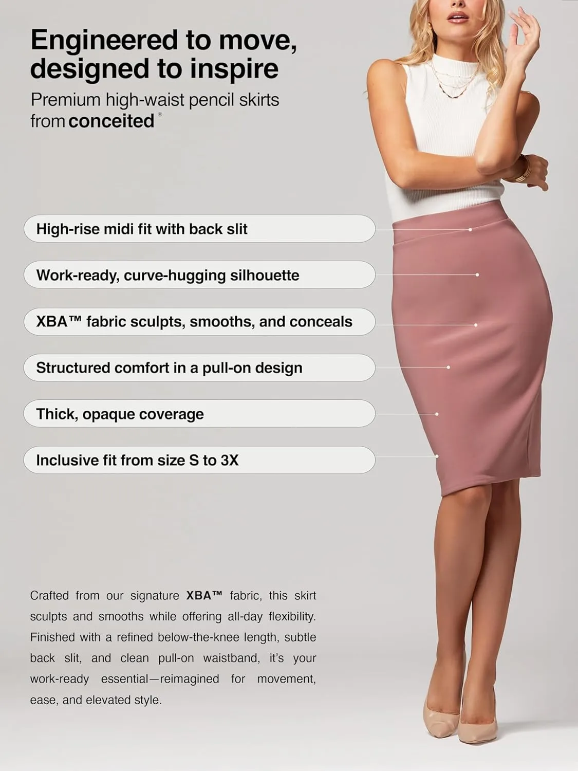 Conceited Skirts for Women - Stretch Pencil Skirt - Wear to Work - Pull On - Midi Length in Regular and Plus Size