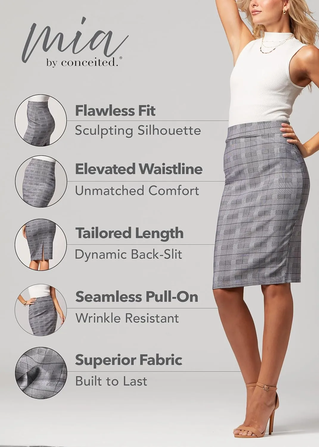 Conceited Skirts for Women - Stretch Pencil Skirt - Wear to Work - Pull On - Midi Length in Regular and Plus Size