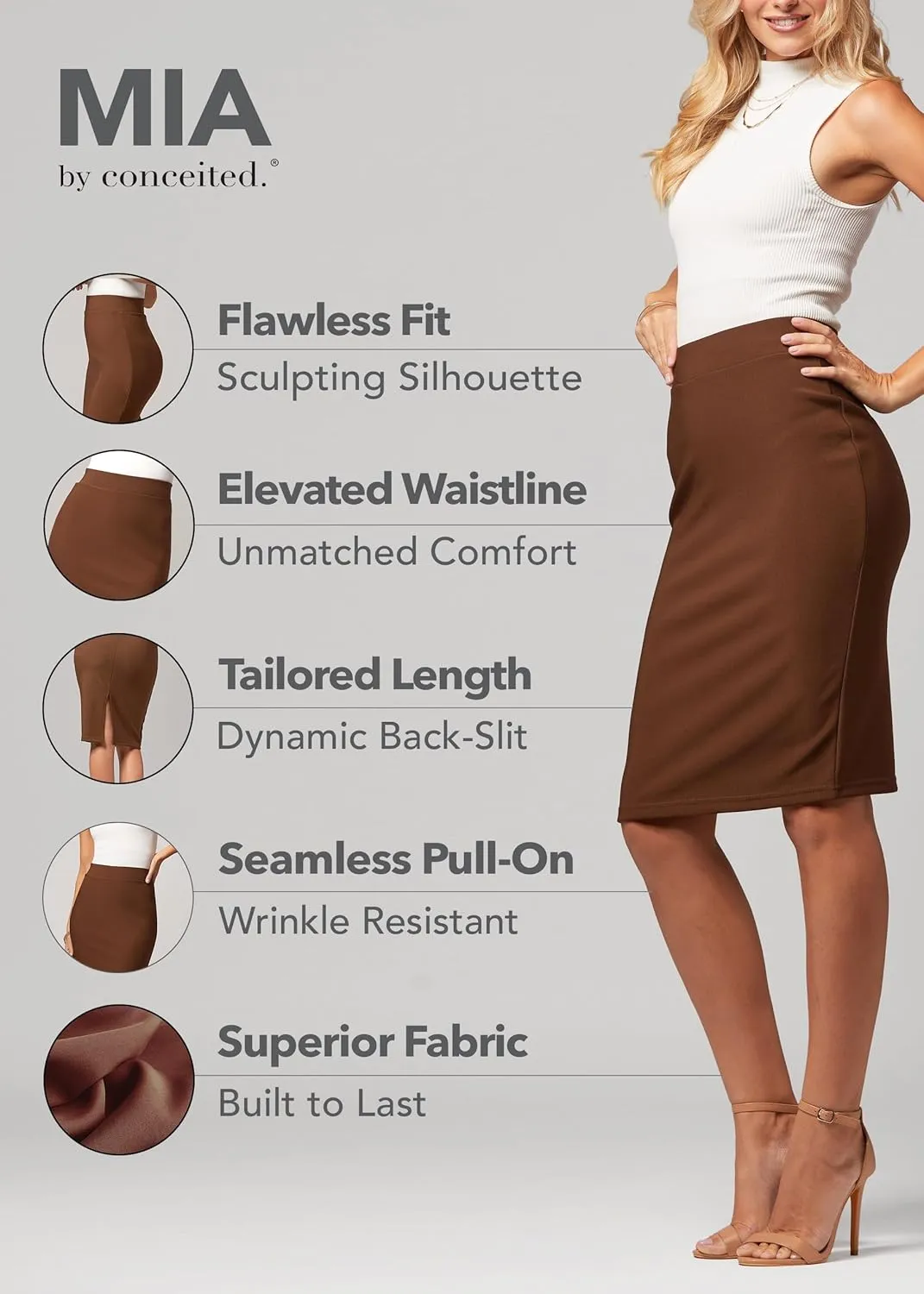Conceited Skirts for Women - Stretch Pencil Skirt - Wear to Work - Pull On - Midi Length in Regular and Plus Size