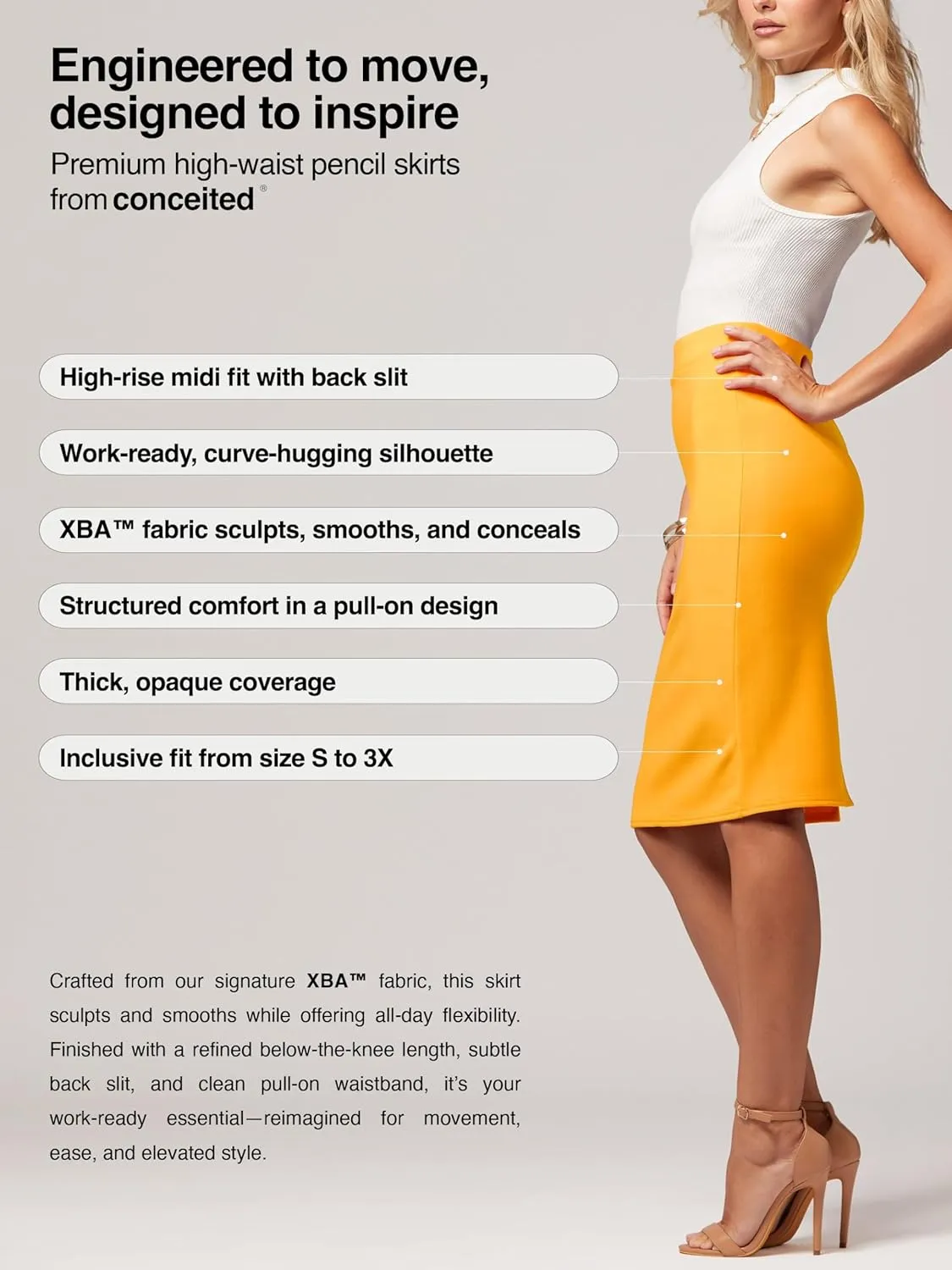 Conceited Skirts for Women - Stretch Pencil Skirt - Wear to Work - Pull On - Midi Length in Regular and Plus Size