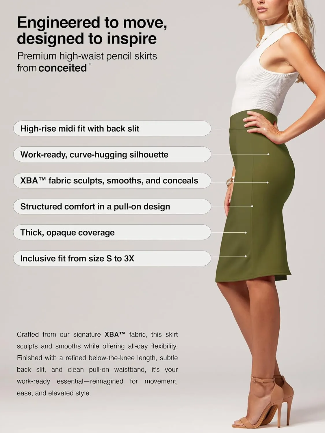 Conceited Skirts for Women - Stretch Pencil Skirt - Wear to Work - Pull On - Midi Length in Regular and Plus Size