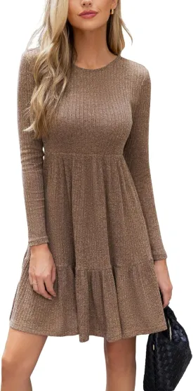CUPSHE Fall Dress for Women 2025 Casual Round Neck Long Sleeve Knit Ruffled Fitted A Line Mini Spring Sweater Dress