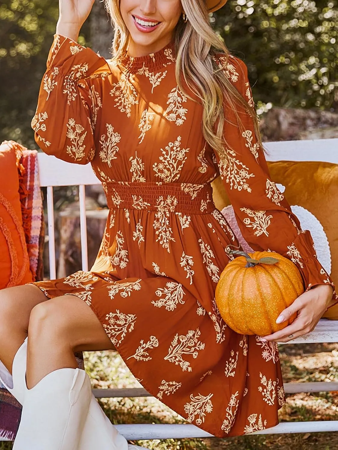 CUPSHE Women's Mock Neck Floral Mini Fall Dress Long Ruffle Sleeve Elastic Waist Smocked Casual Flowying Autumn Dresses