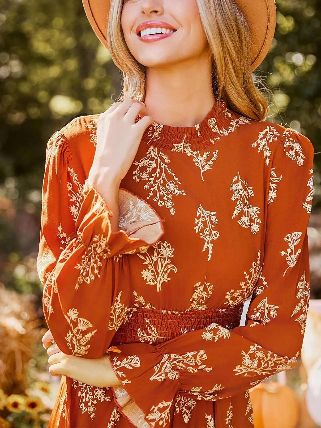 CUPSHE Women's Mock Neck Floral Mini Fall Dress Long Ruffle Sleeve Elastic Waist Smocked Casual Flowying Autumn Dresses