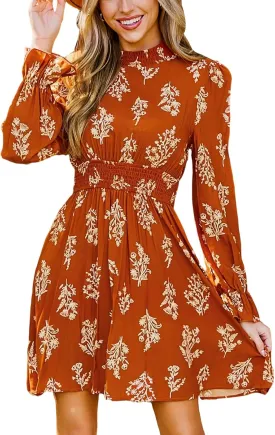 CUPSHE Women's Mock Neck Floral Mini Fall Dress Long Ruffle Sleeve Elastic Waist Smocked Casual Flowying Autumn Dresses
