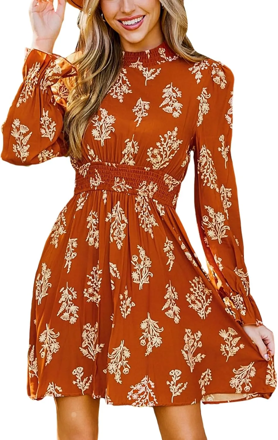 CUPSHE Women's Mock Neck Floral Mini Fall Dress Long Ruffle Sleeve Elastic Waist Smocked Casual Flowying Autumn Dresses